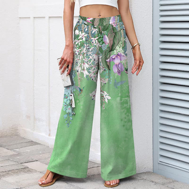 Buddha Stones Cotton Linen Bohemian Floral Pattern Women's Elastic Waist Wide Leg Pants With Pockets - image 9