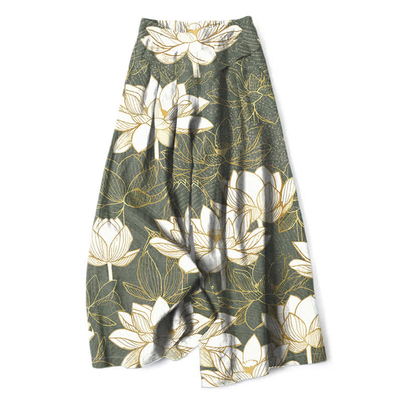 Buddha Stones Cotton Linen Lotus Bloom Pattern Women's Elastic Waist Wide Leg Pants With Pockets - DarkSeaGreen - US16，UK/AU20，EU48 (3XL) - image 0