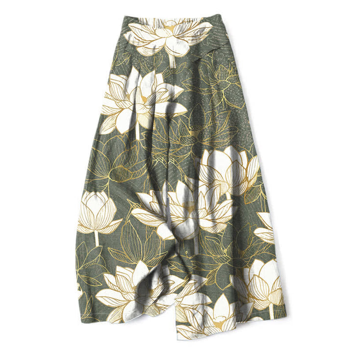 Buddha Stones Cotton Linen Lotus Bloom Pattern Women's Elastic Waist Wide Leg Pants With Pockets - DarkSeaGreen - US16，UK/AU20，EU48 (3XL) - image 0