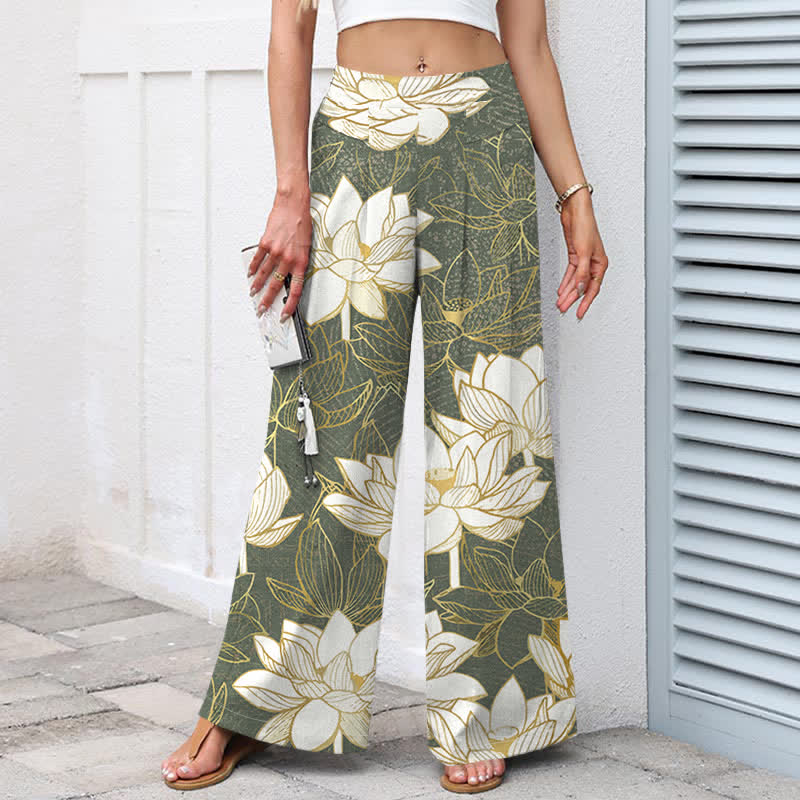 Buddha Stones Cotton Linen Lotus Bloom Pattern Women's Elastic Waist Wide Leg Pants With Pockets - image 1