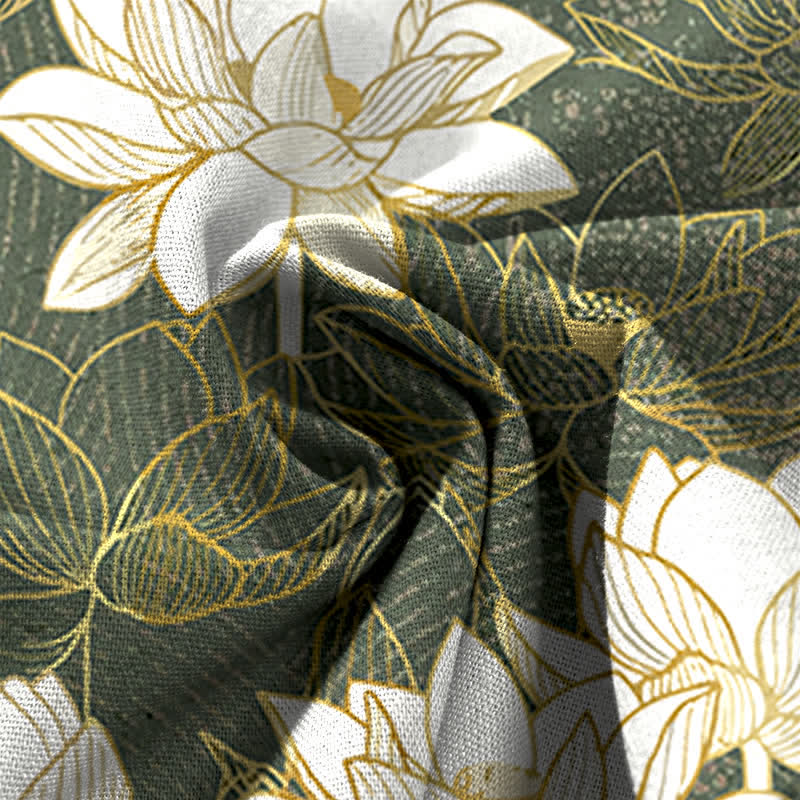 Buddha Stones Cotton Linen Lotus Bloom Pattern Women's Elastic Waist Wide Leg Pants With Pockets - image 3