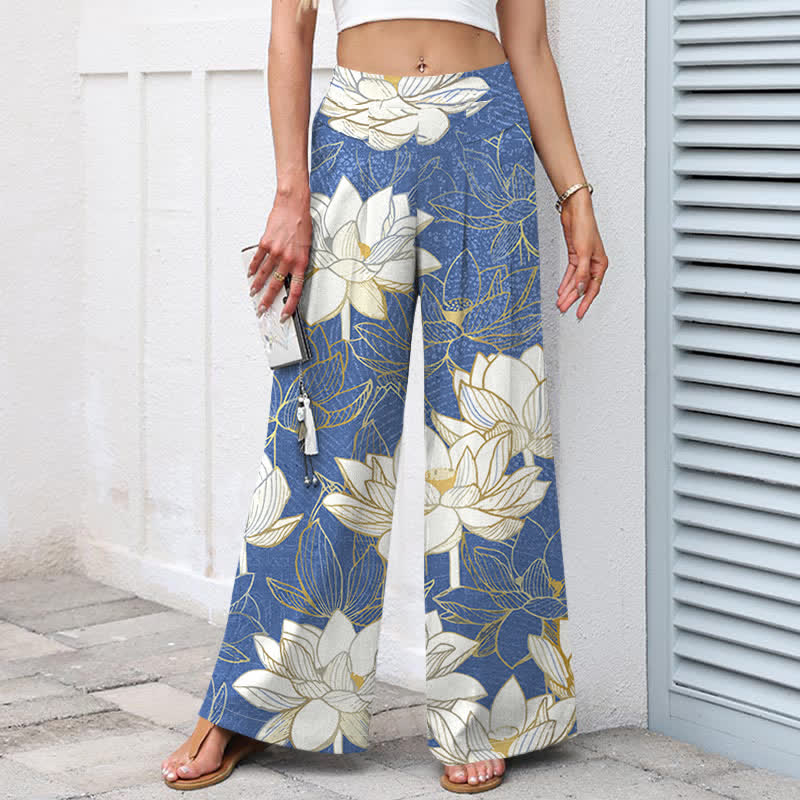 Buddha Stones Cotton Linen Lotus Bloom Pattern Women's Elastic Waist Wide Leg Pants With Pockets - image 5