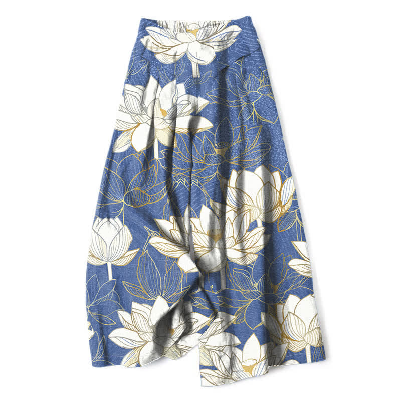 Buddha Stones Cotton Linen Lotus Bloom Pattern Women's Elastic Waist Wide Leg Pants With Pockets - CornflowerBlue - US16，UK/AU20，EU48 (3XL) - image 4