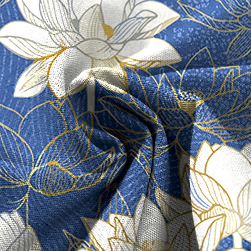 Buddha Stones Cotton Linen Lotus Bloom Pattern Women's Elastic Waist Wide Leg Pants With Pockets - image 7