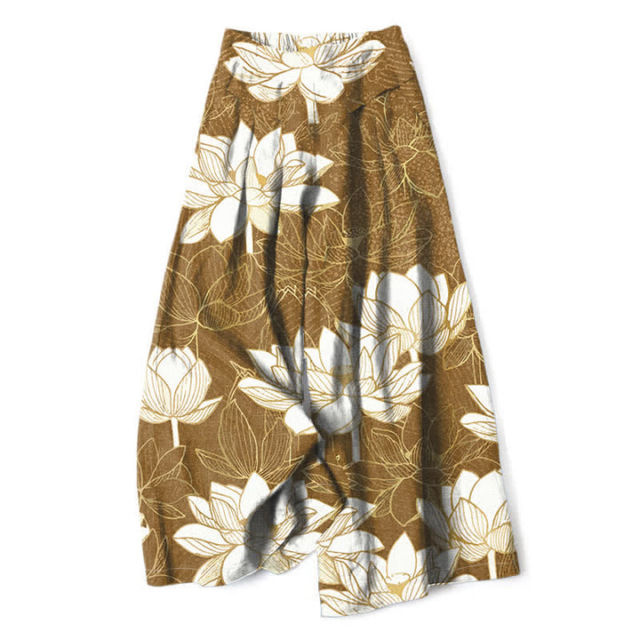 Buddha Stones Cotton Linen Lotus Bloom Pattern Women's Elastic Waist Wide Leg Pants With Pockets - Peru - US16，UK/AU20，EU48 (3XL) - image 8