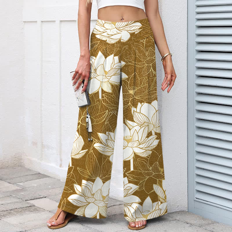 Buddha Stones Cotton Linen Lotus Bloom Pattern Women's Elastic Waist Wide Leg Pants With Pockets - image 9