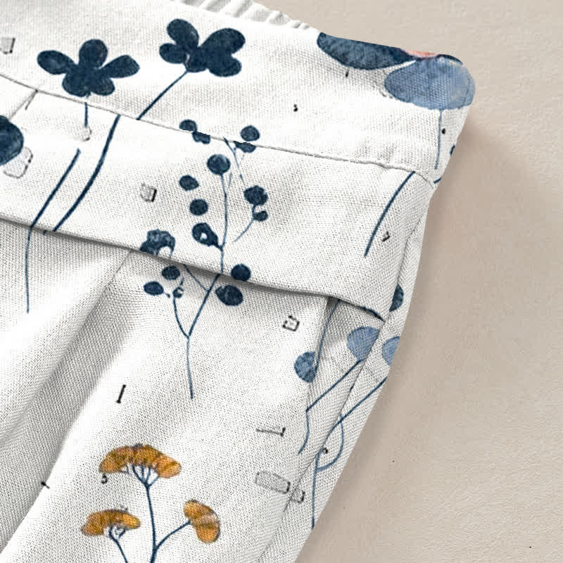 Buddha Stones Cotton Linen Floral Pattern Women's Elastic Waist Wide Leg Pants With Pockets - image 1