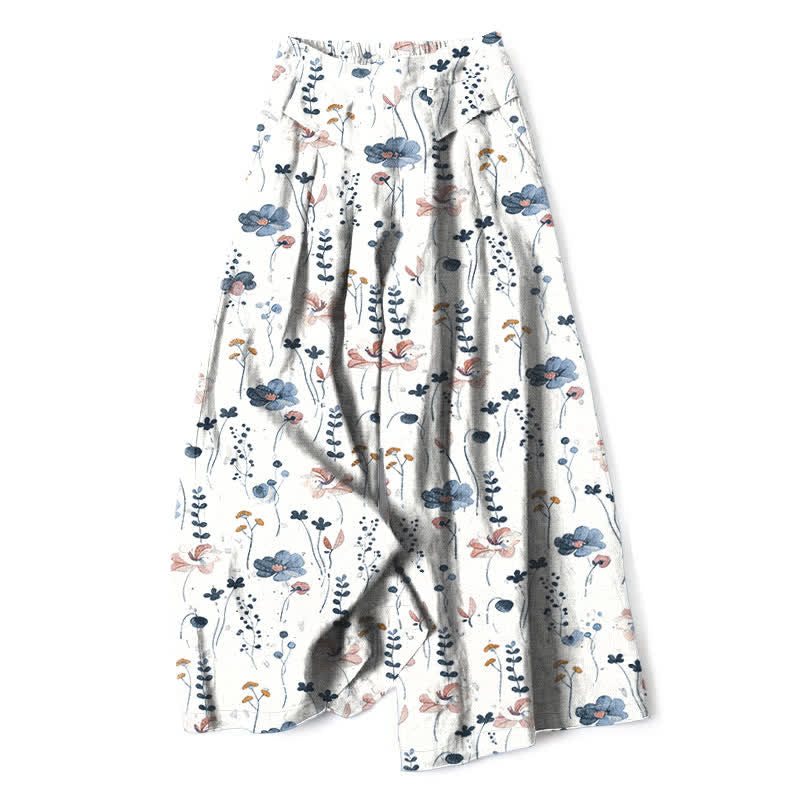 Buddha Stones Cotton Linen Floral Pattern Women's Elastic Waist Wide Leg Pants With Pockets - White - US16，UK/AU20，EU48 (3XL) - image 0