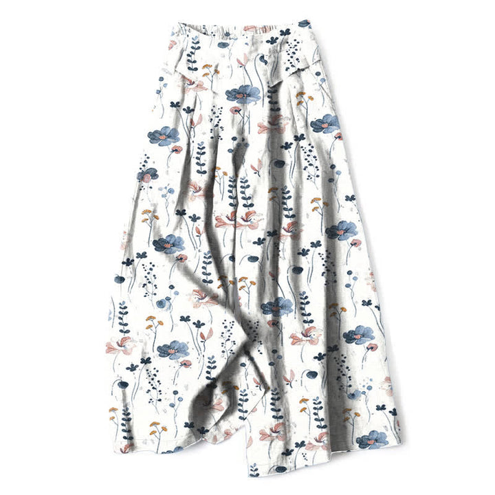 Buddha Stones Cotton Linen Floral Pattern Women's Elastic Waist Wide Leg Pants With Pockets - White - US16，UK/AU20，EU48 (3XL) - image 0