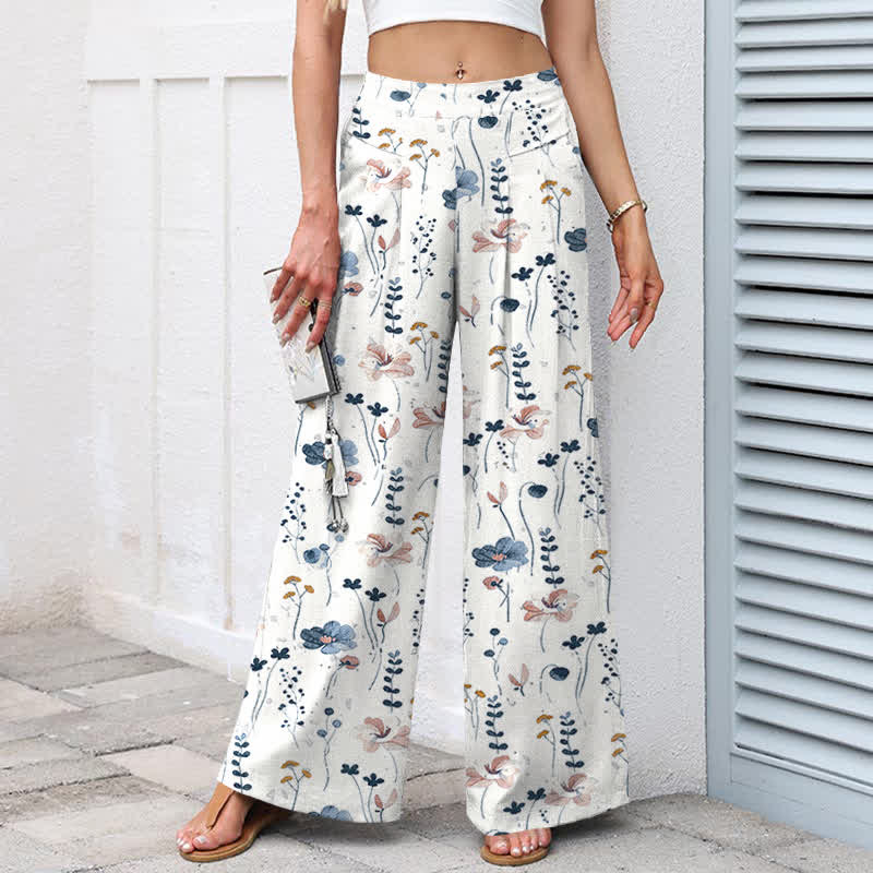 Buddha Stones Cotton Linen Floral Pattern Women's Elastic Waist Wide Leg Pants With Pockets - image 2