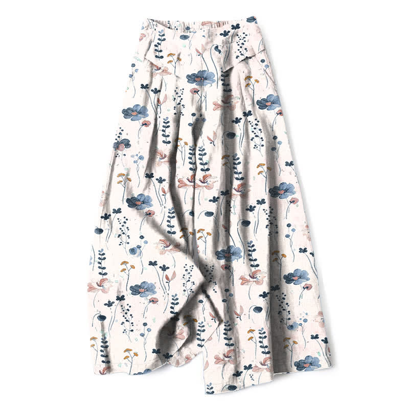 Buddha Stones Cotton Linen Floral Pattern Women's Elastic Waist Wide Leg Pants With Pockets - LavenderBlush - US16，UK/AU20，EU48 (3XL) - image 4