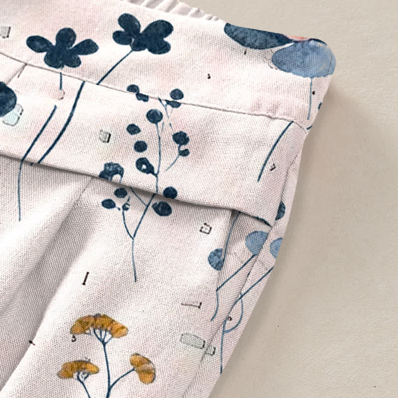 Buddha Stones Cotton Linen Floral Pattern Women's Elastic Waist Wide Leg Pants With Pockets - image 6
