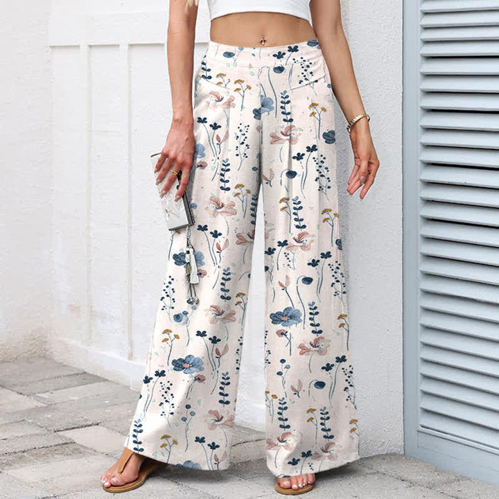Buddha Stones Cotton Linen Floral Pattern Women's Elastic Waist Wide Leg Pants With Pockets - image 5
