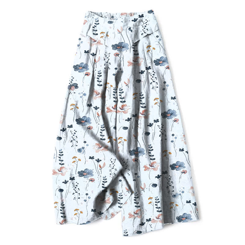Buddha Stones Cotton Linen Floral Pattern Women's Elastic Waist Wide Leg Pants With Pockets - AliceBlue - US16，UK/AU20，EU48 (3XL) - image 8