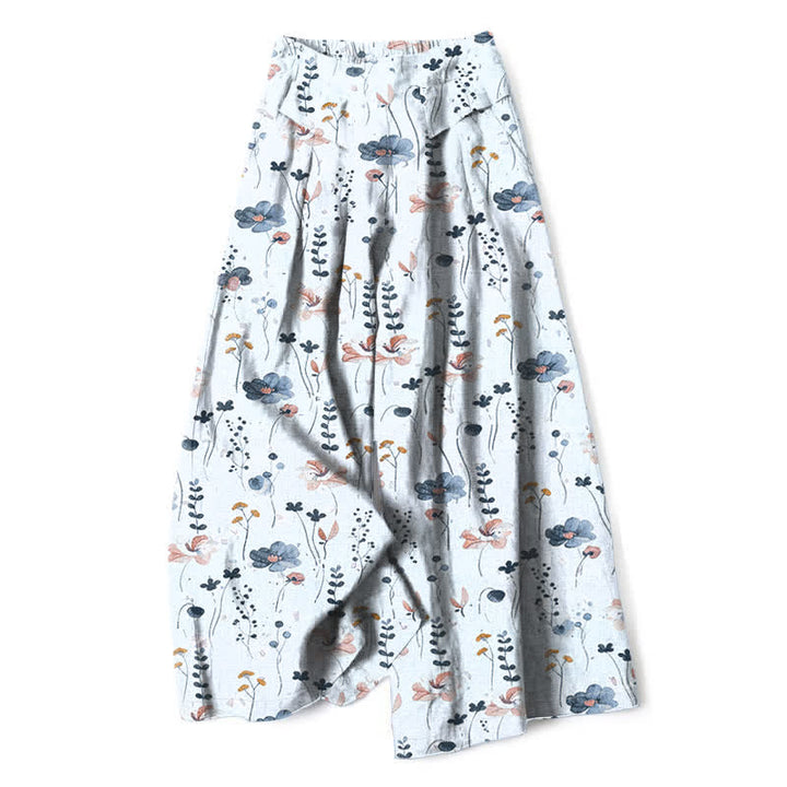 Buddha Stones Cotton Linen Floral Pattern Women's Elastic Waist Wide Leg Pants With Pockets - AliceBlue - US16，UK/AU20，EU48 (3XL) - image 8