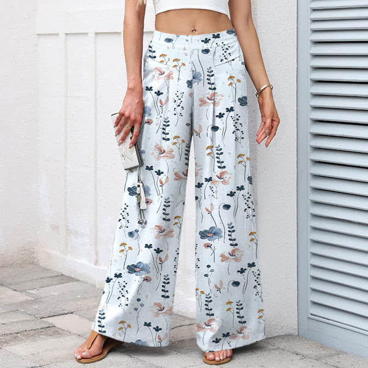 Buddha Stones Cotton Linen Floral Pattern Women's Elastic Waist Wide Leg Pants With Pockets - image 9
