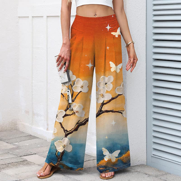 Buddha Stones Cotton Linen Gradient Floral Pattern Women's Elastic Waist Wide Leg Pants With Pockets - image 1