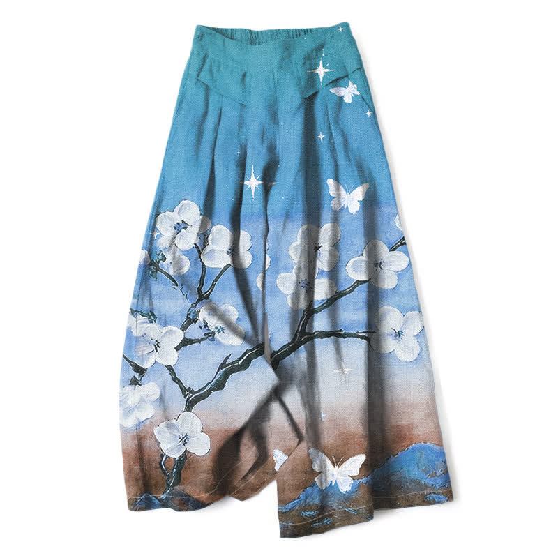 Buddha Stones Cotton Linen Gradient Floral Pattern Women's Elastic Waist Wide Leg Pants With Pockets - Turquoise - US16，UK/AU20，EU48 (3XL) - image 4