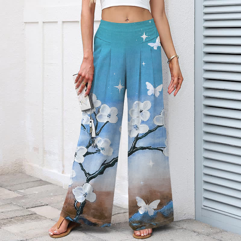 Buddha Stones Cotton Linen Gradient Floral Pattern Women's Elastic Waist Wide Leg Pants With Pockets - image 5