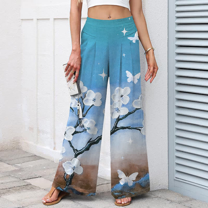Buddha Stones Cotton Linen Gradient Floral Pattern Women's Elastic Waist Wide Leg Pants With Pockets - image 5