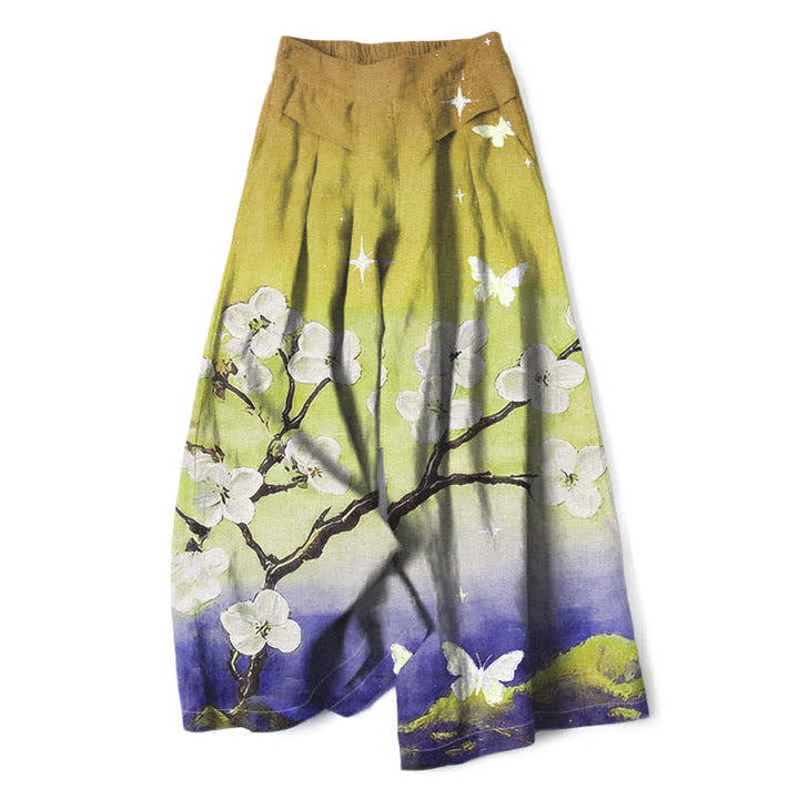Buddha Stones Cotton Linen Gradient Floral Pattern Women's Elastic Waist Wide Leg Pants With Pockets - YellowGreen - US16，UK/AU20，EU48 (3XL) - image 8