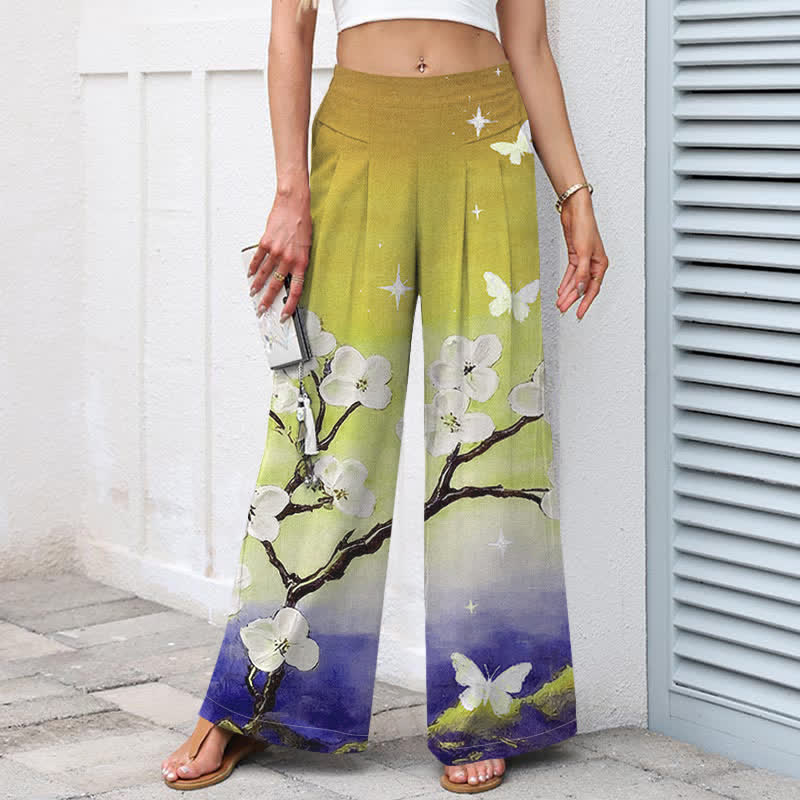 Buddha Stones Cotton Linen Gradient Floral Pattern Women's Elastic Waist Wide Leg Pants With Pockets - image 9