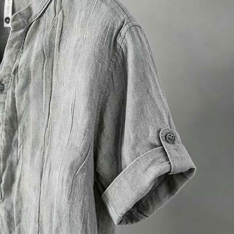 Buddha Stones Solid Color Short Sleeve Half Button Shirt Cotton Linen Men Clothing - image 35