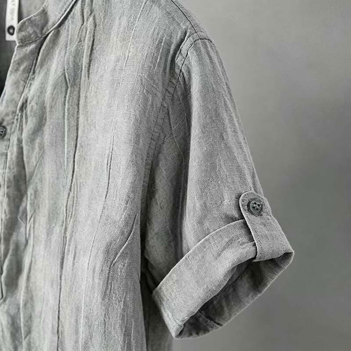 Buddha Stones Solid Color Short Sleeve Half Button Shirt Cotton Linen Men Clothing - image 35