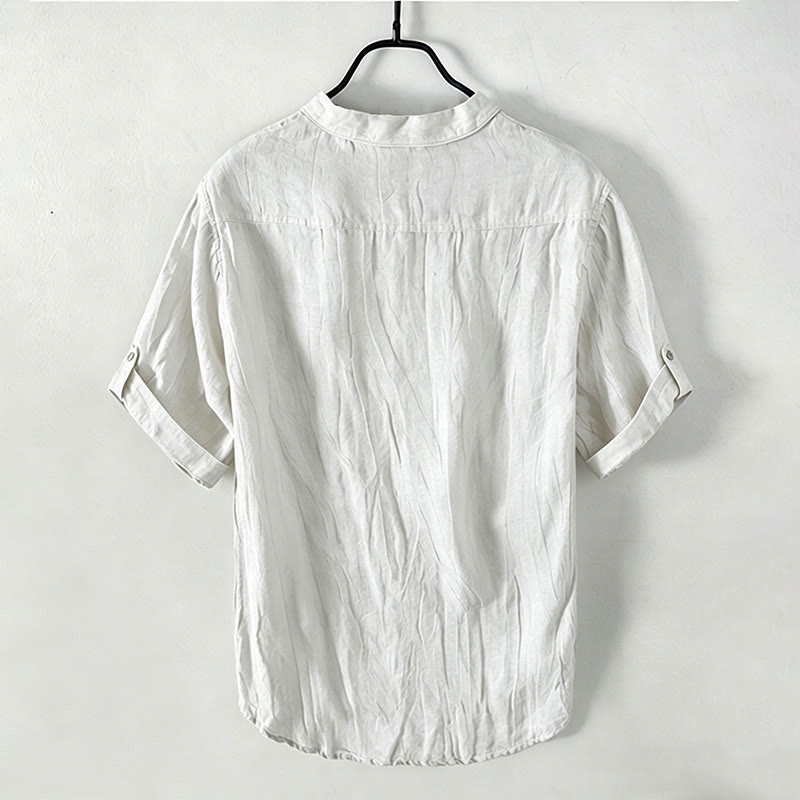 Buddha Stones Solid Color Short Sleeve Half Button Shirt Cotton Linen Men Clothing - image 39