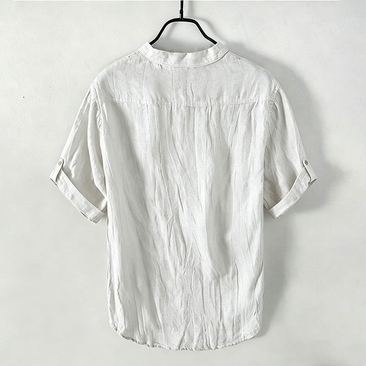 Buddha Stones Solid Color Short Sleeve Half Button Shirt Cotton Linen Men Clothing - image 39