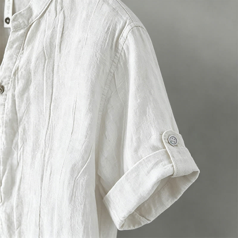 Buddha Stones Solid Color Short Sleeve Half Button Shirt Cotton Linen Men Clothing - image 42