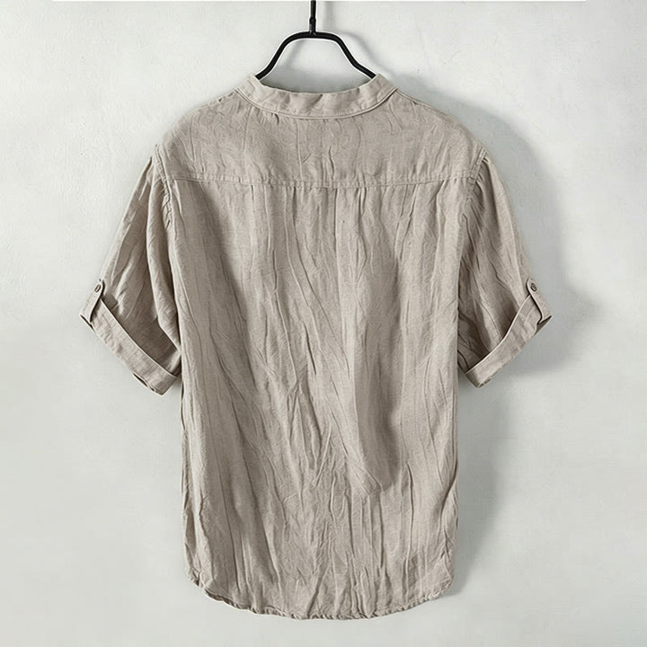 Buddha Stones Solid Color Short Sleeve Half Button Shirt Cotton Linen Men Clothing - image 46