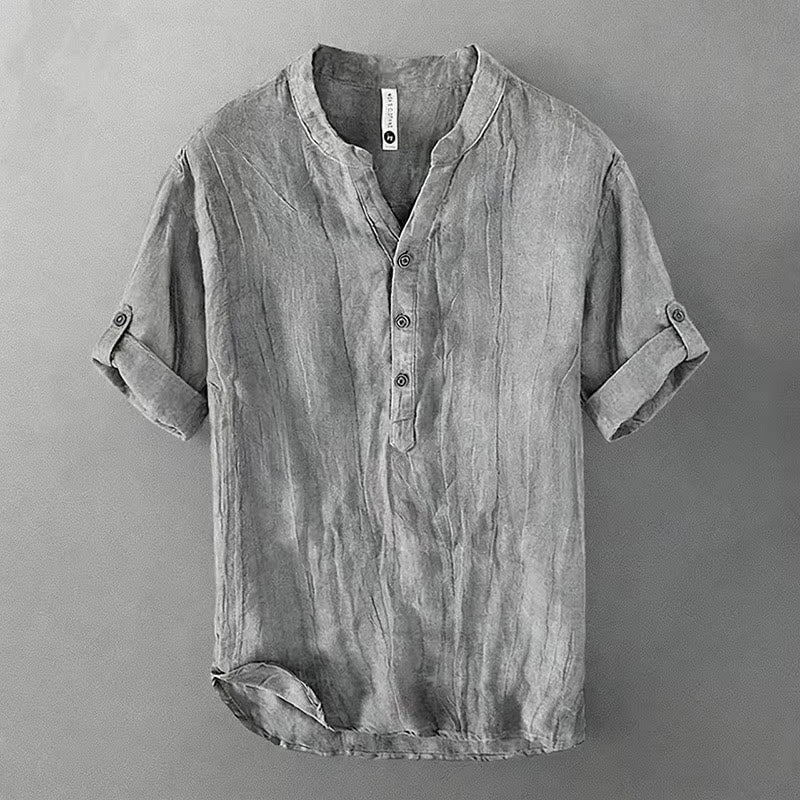 Buddha Stones Solid Color Short Sleeve Half Button Shirt Cotton Linen Men Clothing - Roll-Up 3/4 Sleeve Design - Gray - US/UK/AU50，EU60 (5XL) - image 31