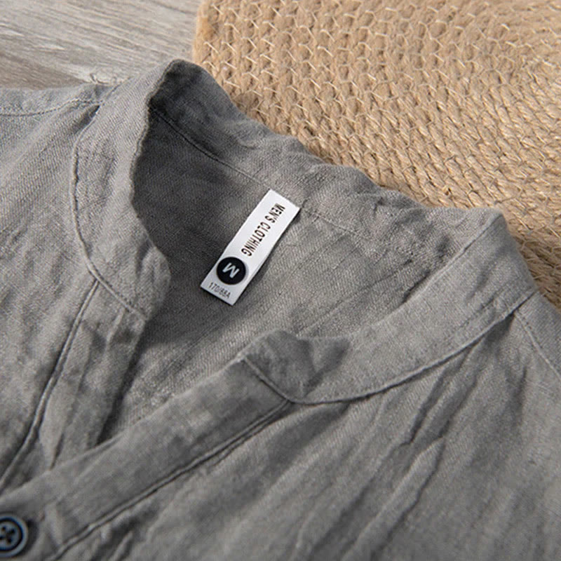 Buddha Stones Solid Color Short Sleeve Half Button Shirt Cotton Linen Men Clothing - image 33