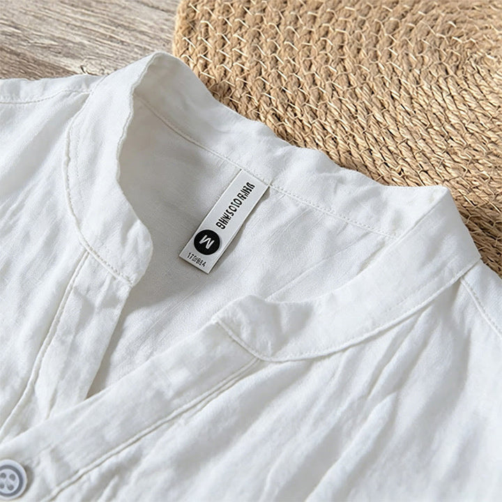 Buddha Stones Solid Color Short Sleeve Half Button Shirt Cotton Linen Men Clothing - image 40