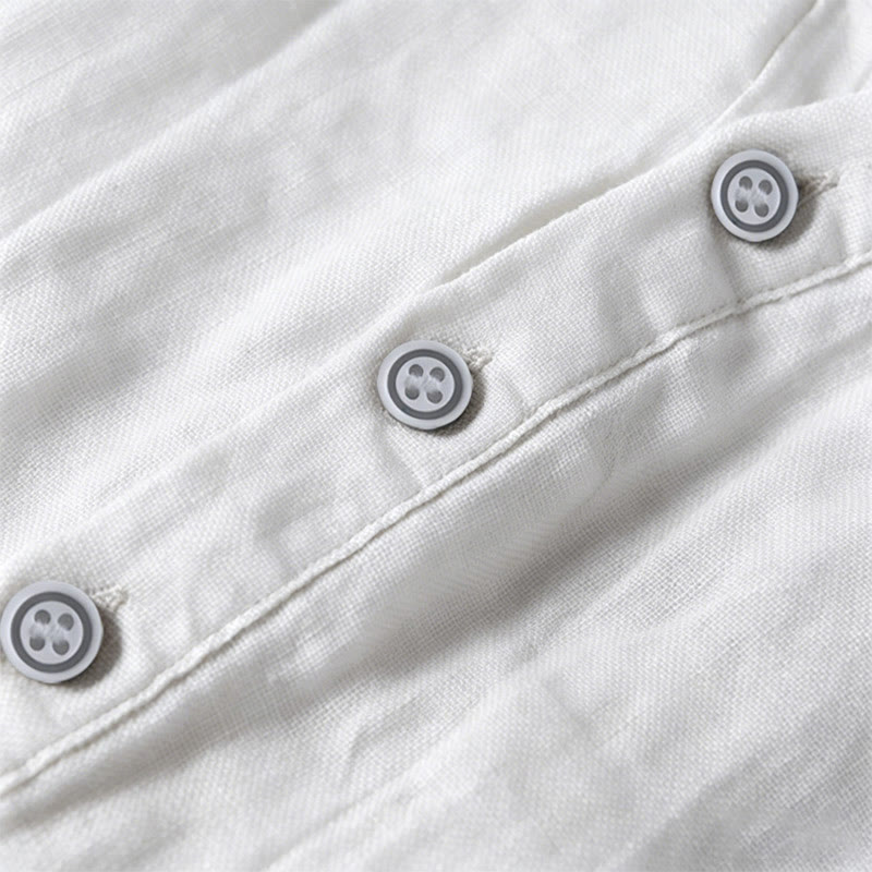 Buddha Stones Solid Color Short Sleeve Half Button Shirt Cotton Linen Men Clothing - image 41