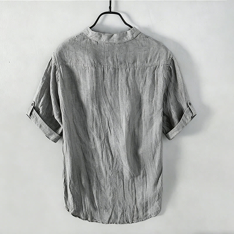 Buddha Stones Solid Color Short Sleeve Half Button Shirt Cotton Linen Men Clothing - image 32