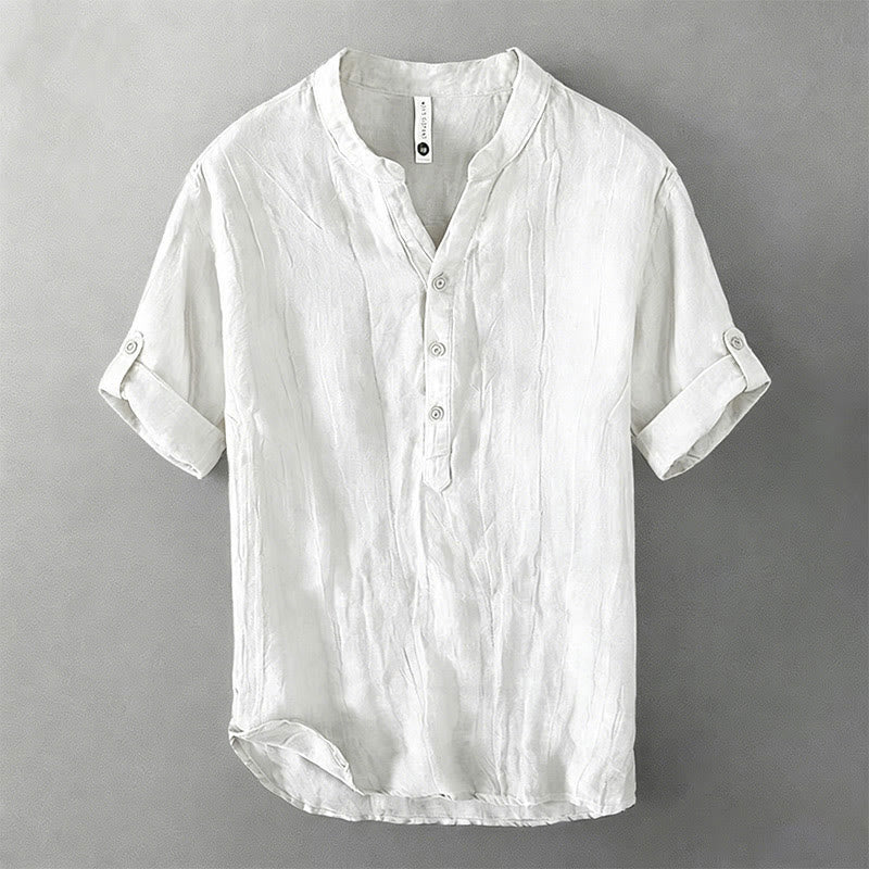 Buddha Stones Solid Color Short Sleeve Half Button Shirt Cotton Linen Men Clothing - Roll-Up 3/4 Sleeve Design - White - US/UK/AU50，EU60 (5XL) - image 38