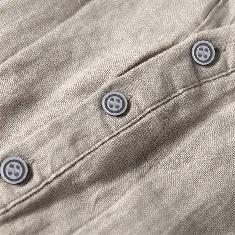 Buddha Stones Solid Color Short Sleeve Half Button Shirt Cotton Linen Men Clothing - image 48