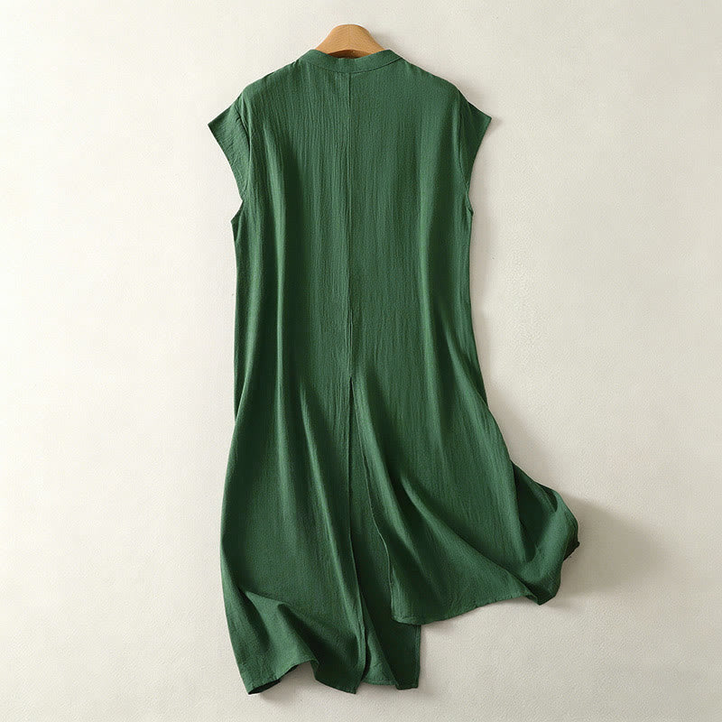 Buddha Stones Summer Solid Green Mandarin Collar Side Slit Women's Sleeveless Dress - image 1