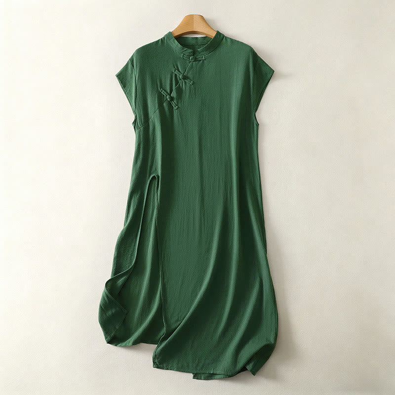 Buddha Stones Summer Solid Green Mandarin Collar Side Slit Women's Sleeveless Dress - SeaGreen - US12，UK/AU16，EU44 (2XL) - image 0