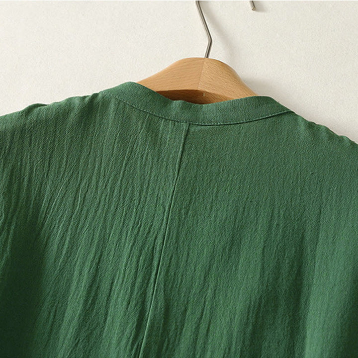 Buddha Stones Summer Solid Green Mandarin Collar Side Slit Women's Sleeveless Dress - image 4