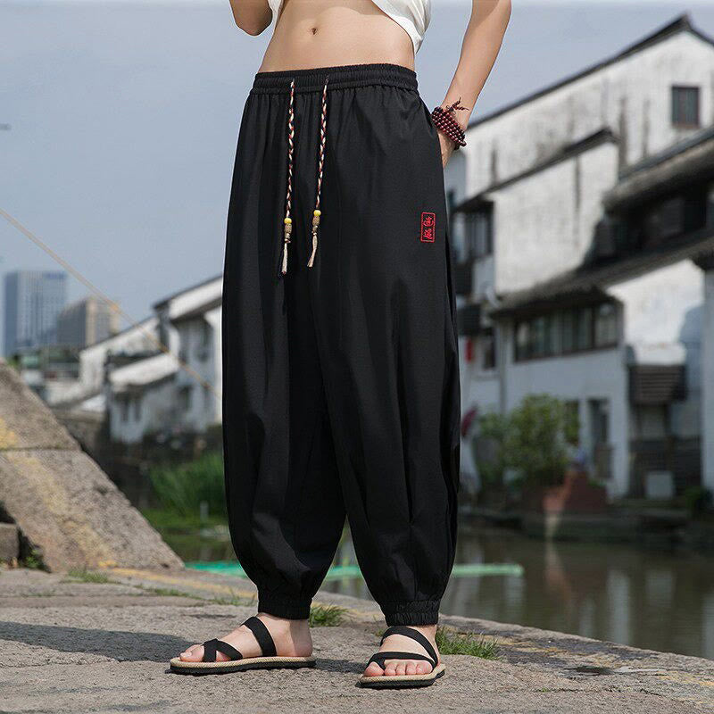 Buddha Stones Summer Casual Drawstring Chinese Character Carefree Embroidery Ankle Pants Men's Harem Pants With Pockets - Black - US/UK/AU46，EU56 (5XL) - image 1
