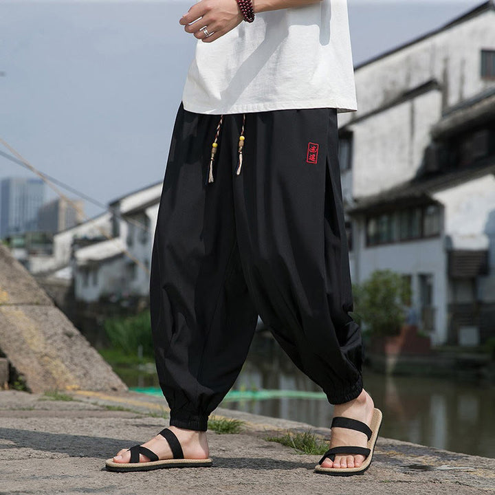 Buddha Stones Summer Casual Drawstring Chinese Character Carefree Embroidery Ankle Pants Men's Harem Pants With Pockets - image 2