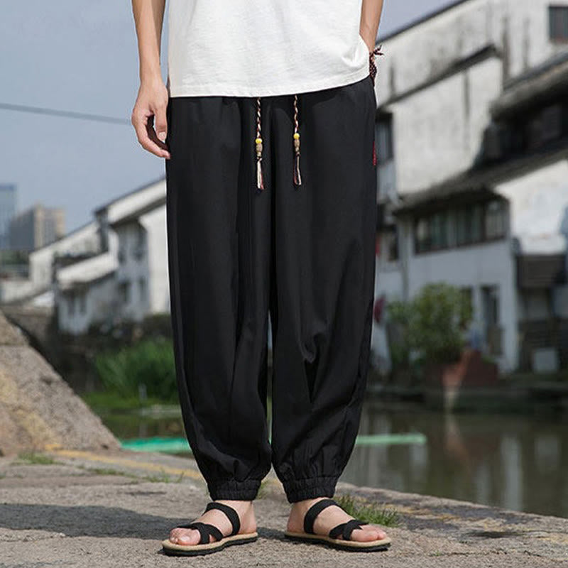 Buddha Stones Summer Casual Drawstring Chinese Character Carefree Embroidery Ankle Pants Men's Harem Pants With Pockets - image 3