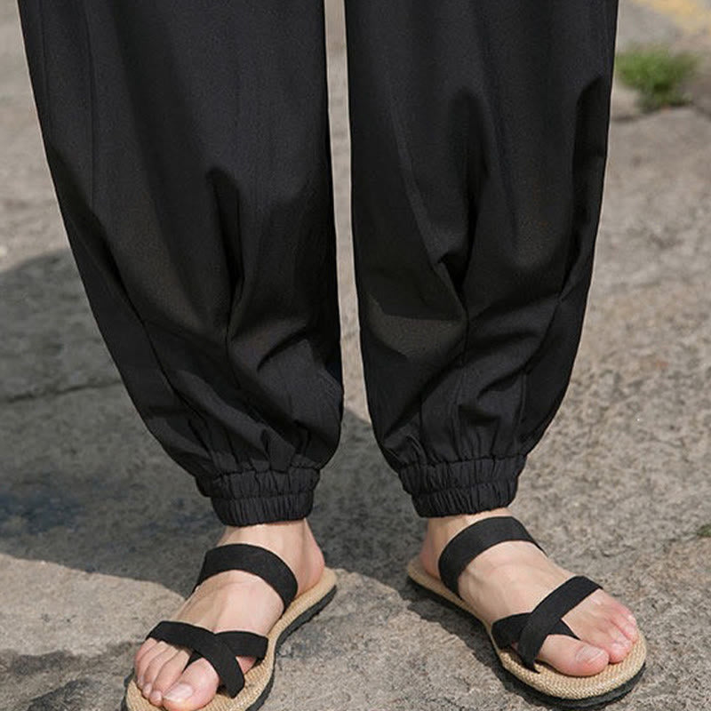 Buddha Stones Summer Casual Drawstring Chinese Character Carefree Embroidery Ankle Pants Men's Harem Pants With Pockets - image 12