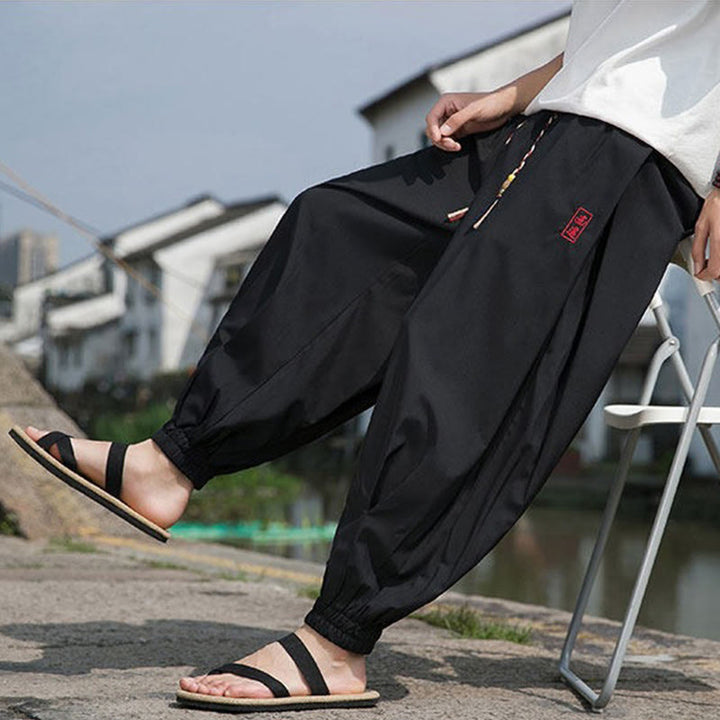 Buddha Stones Summer Casual Drawstring Chinese Character Carefree Embroidery Ankle Pants Men's Harem Pants With Pockets - image 8