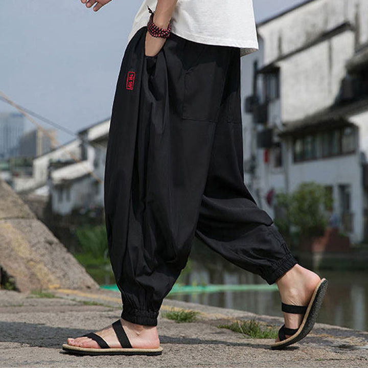 Buddha Stones Summer Casual Drawstring Chinese Character Carefree Embroidery Ankle Pants Men's Harem Pants With Pockets - image 7
