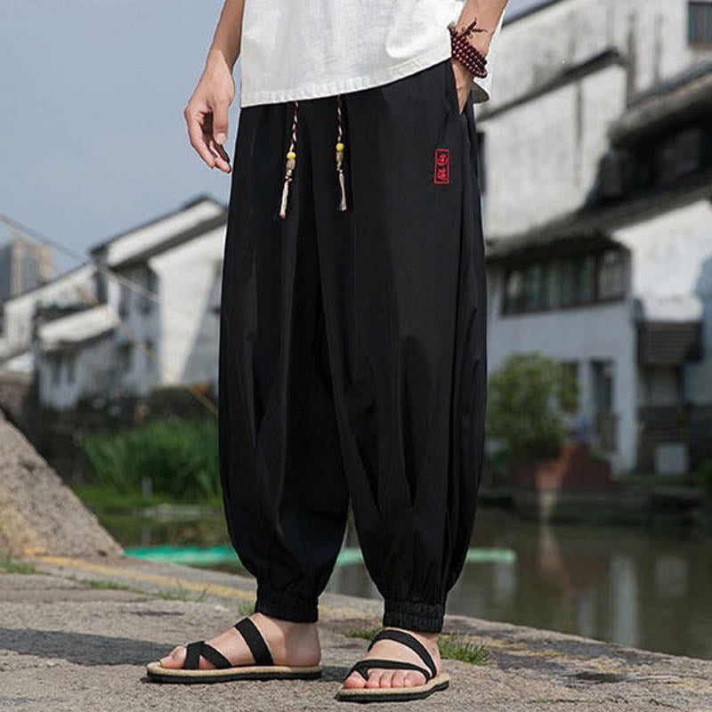 Buddha Stones Summer Casual Drawstring Chinese Character Carefree Embroidery Ankle Pants Men's Harem Pants With Pockets - image 4