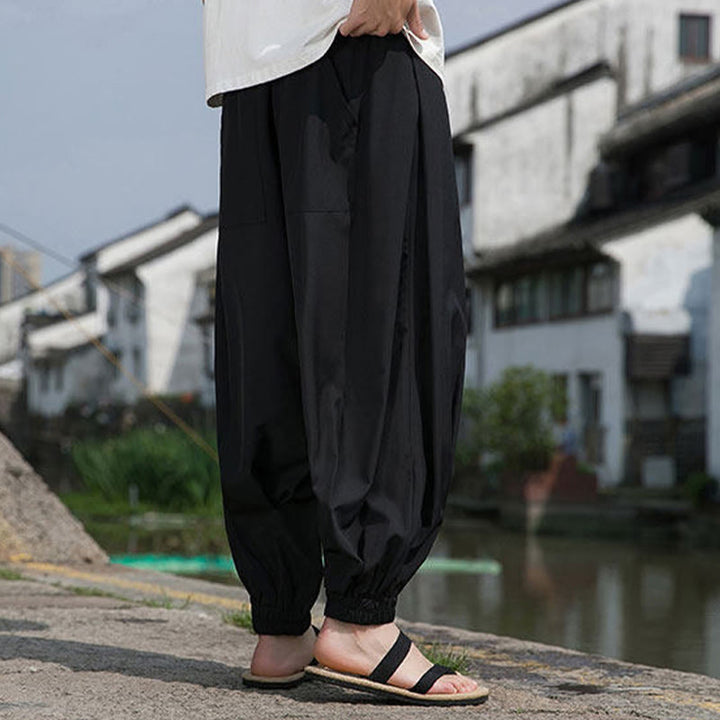 Buddha Stones Summer Casual Drawstring Chinese Character Carefree Embroidery Ankle Pants Men's Harem Pants With Pockets - image 5